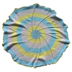 Handmade Knit Round Baby Blanket Spiral Stripe Blue Green Purple 36" Diameter